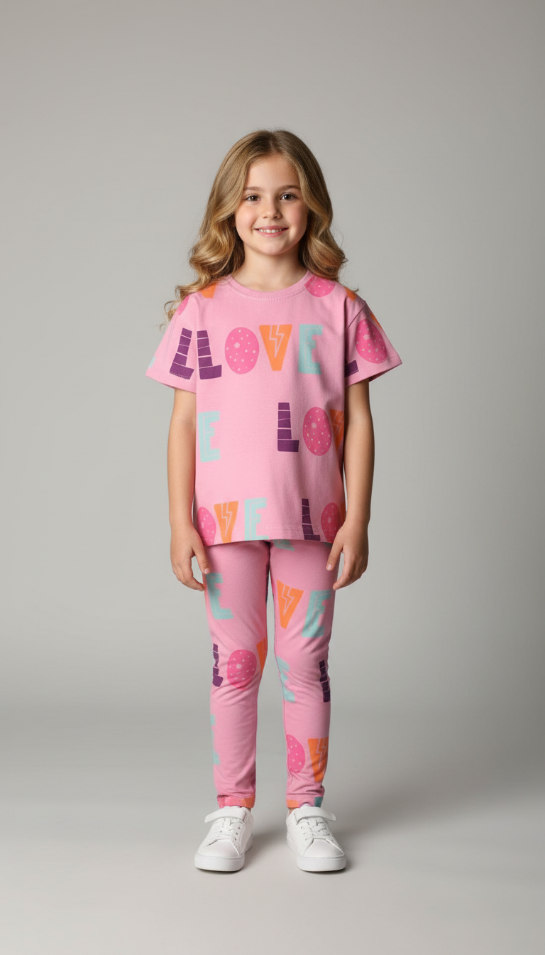 Pembe Love Baskılı Taytlı Takım