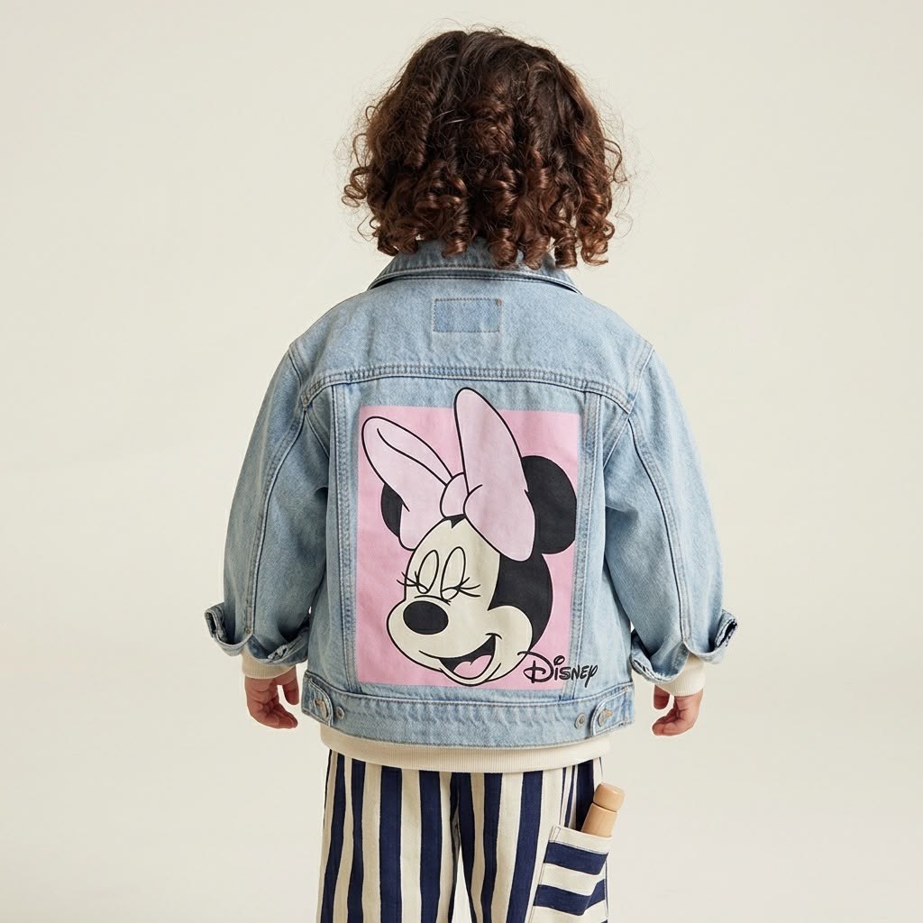 Pembe Sırt Baskılı Minnie Mouse Kot Ceket