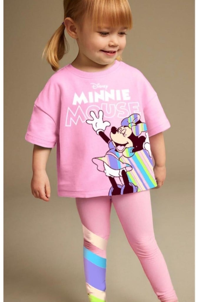 Renkli Şerit Desenli Minnie Mouse Taytlı Takımı