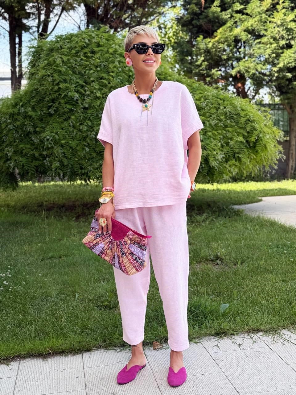 Keten Salaş Pantolon Takım - Pembe
