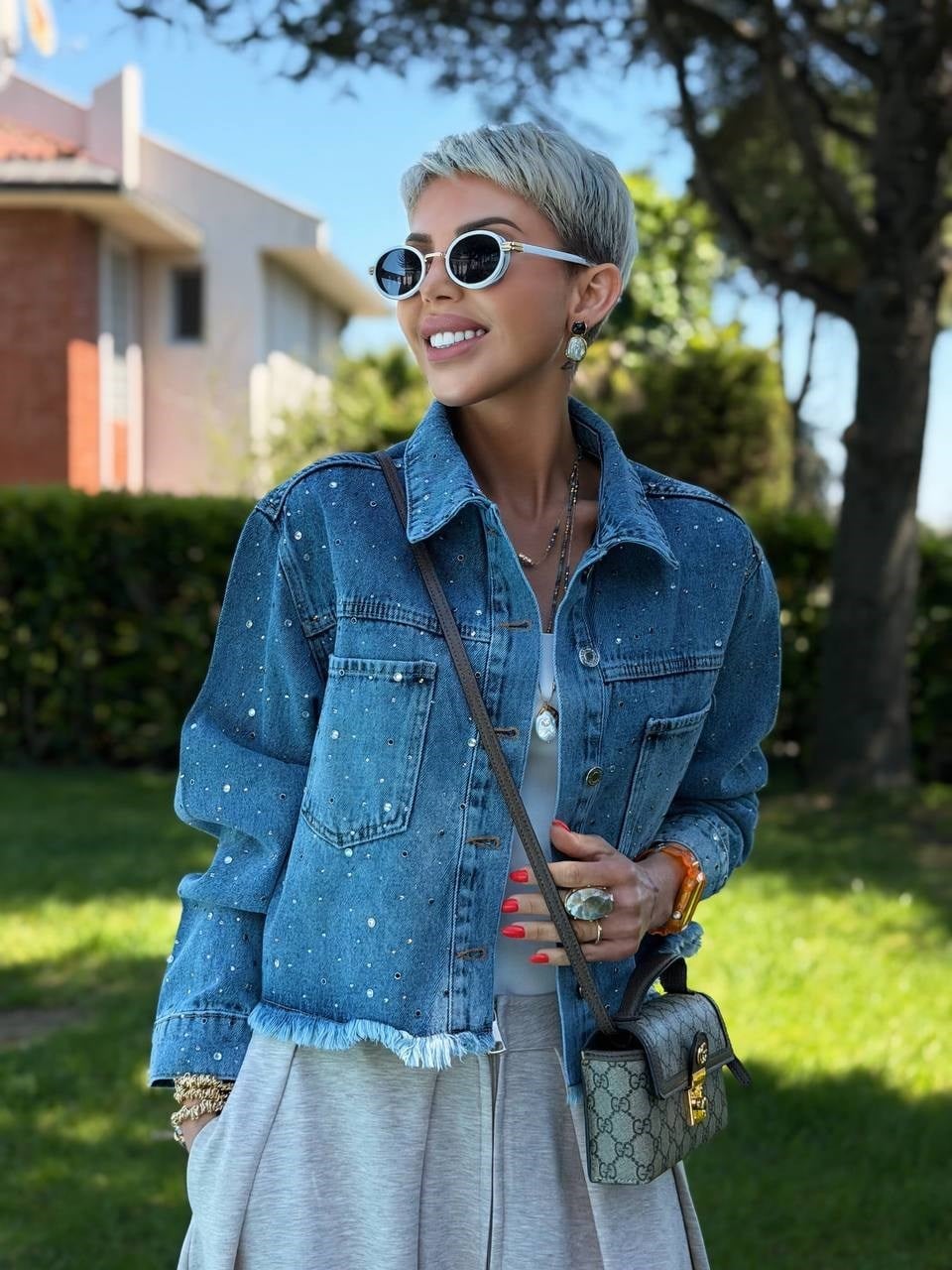 Taş Baskı Denim Ceket -Mavi 