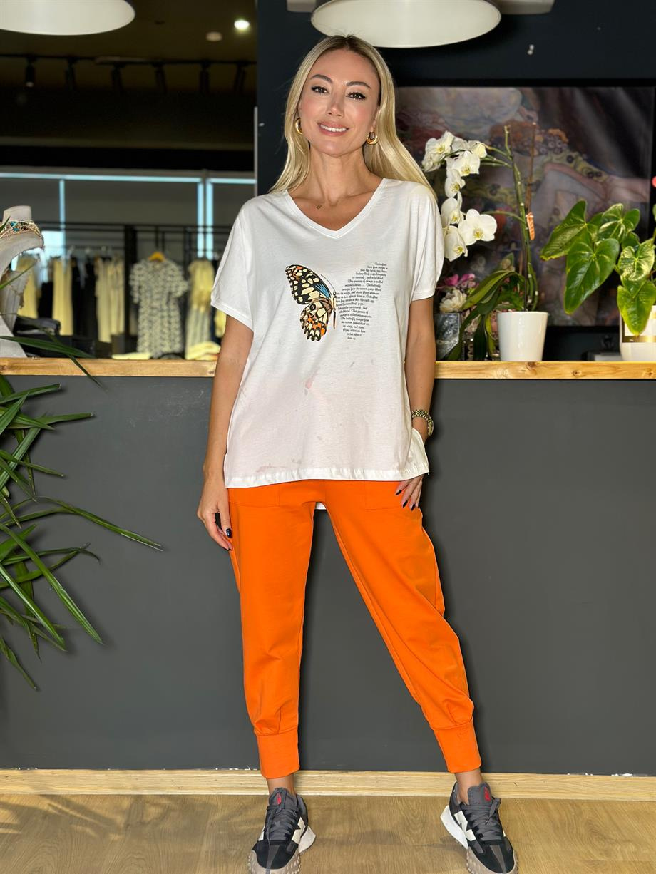 Kelebek Baskılı V Yaka T-shirt