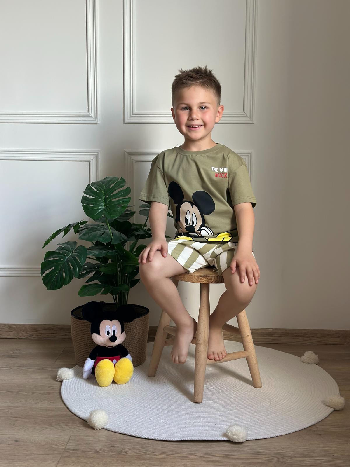 Çizgili Mickey Figürlü Şortlu Takım