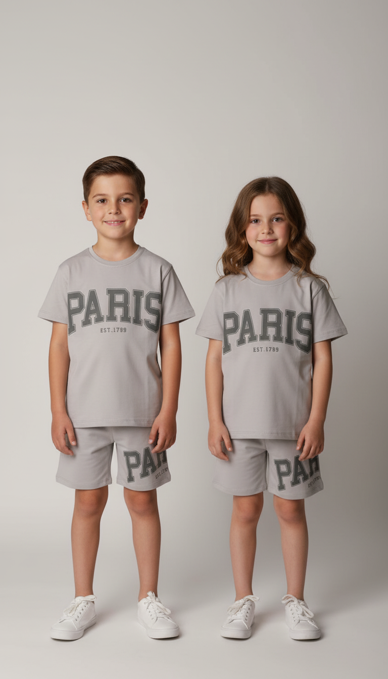 Gri Paris Baskılı Şortlu Takım