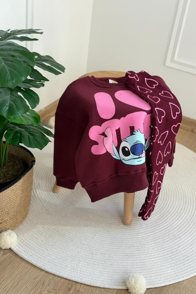 Kalp Stitch Baskılı Taytlı Takım