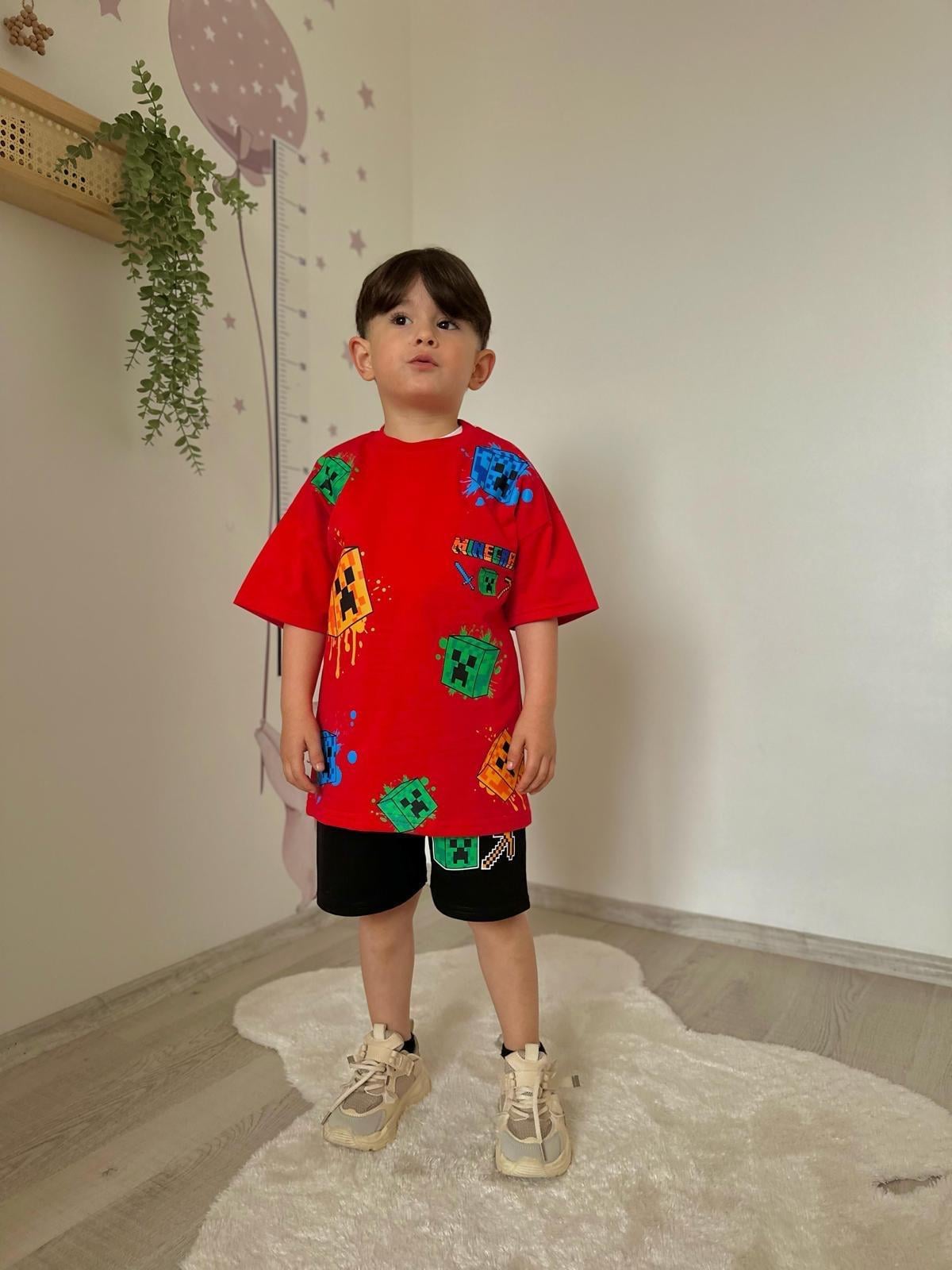 Kırmızı Minecraft Şortlu Takım