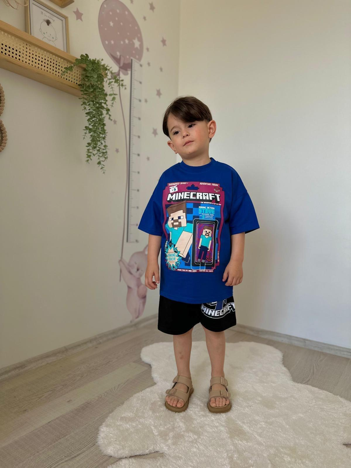 Mavi Minecraft Şortlu Takım