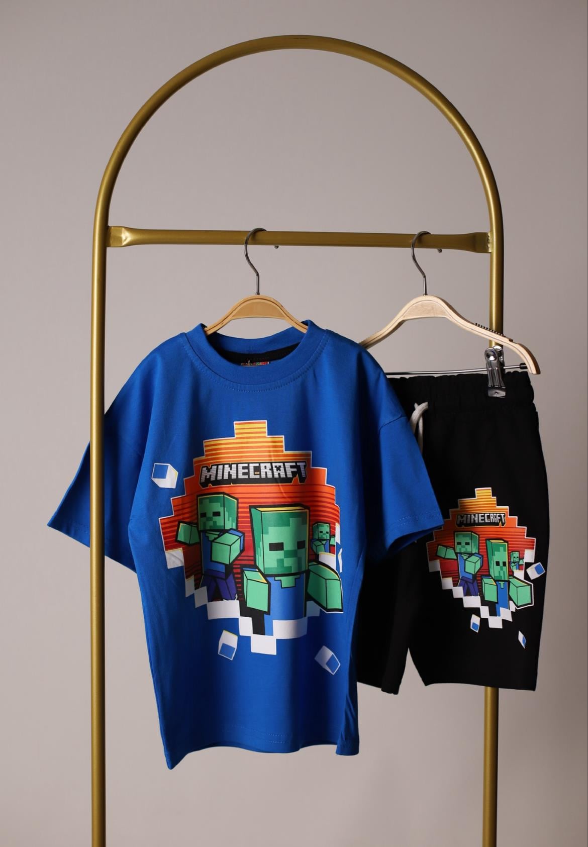 Mavi Minecraft Şortlu Takım