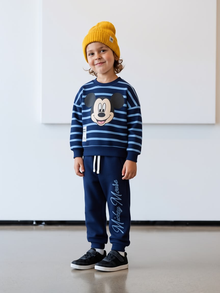 Mickey Mouse Baskılı Çizgili Eşofman Takımı