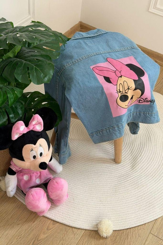 Pembe Sırt Baskılı Minnie Mouse Kot Ceket