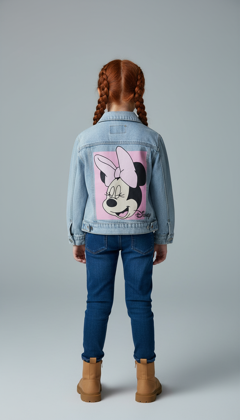 Pembe Sırt Baskılı Minnie Mouse Kot Ceket