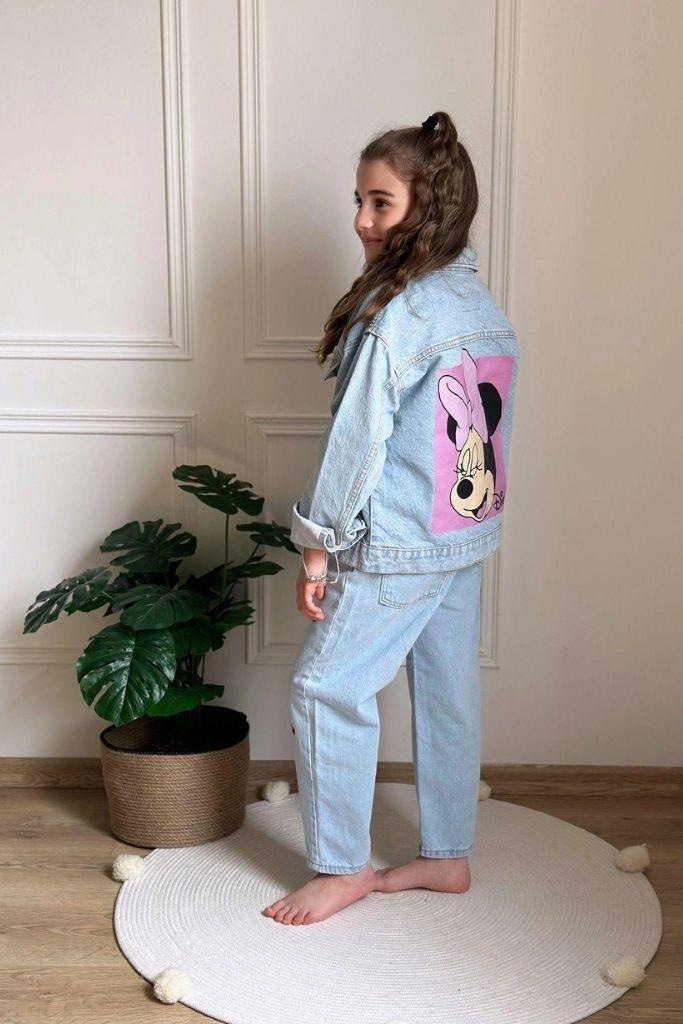Pembe Sırt Baskılı Minnie Mouse Kot Ceket