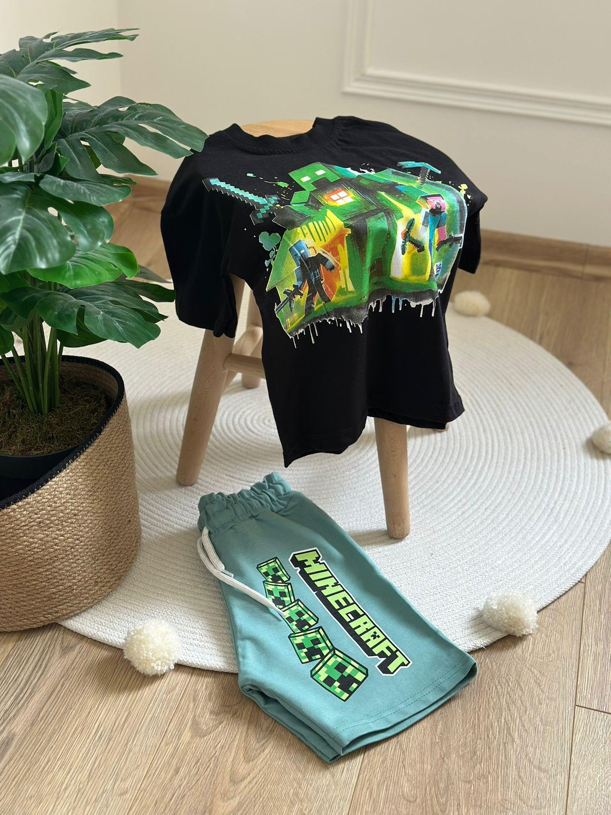 Siyah Yeşil Minecraft Şortlu Takım