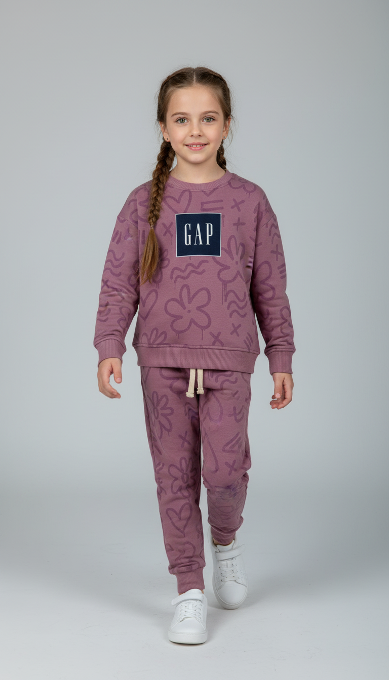 Toz Pembe Çiçek Kalp Detaylı Gap Eşofman Takımı
