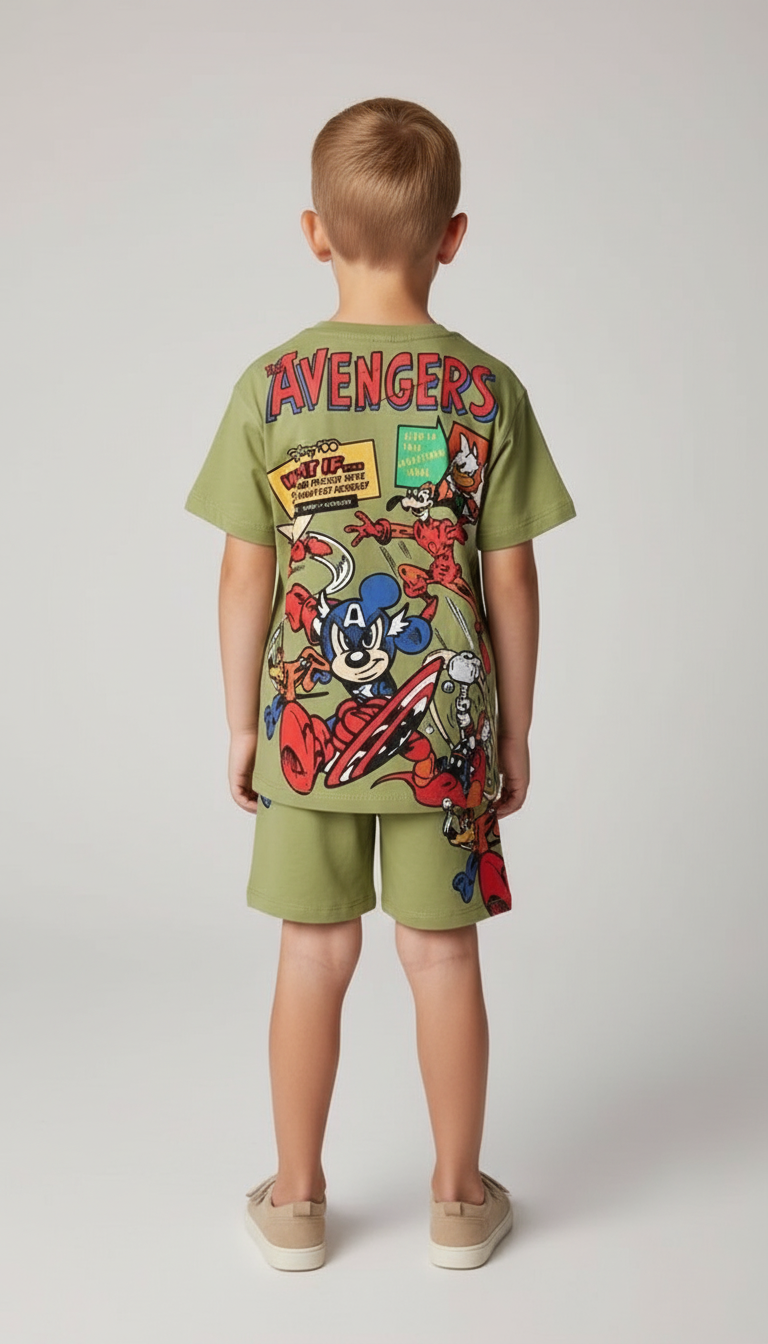 Yeşil Disney Avengers Sırt Baskılı Şortlu Takım