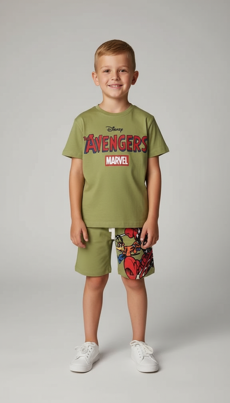 Yeşil Disney Avengers Sırt Baskılı Şortlu Takım