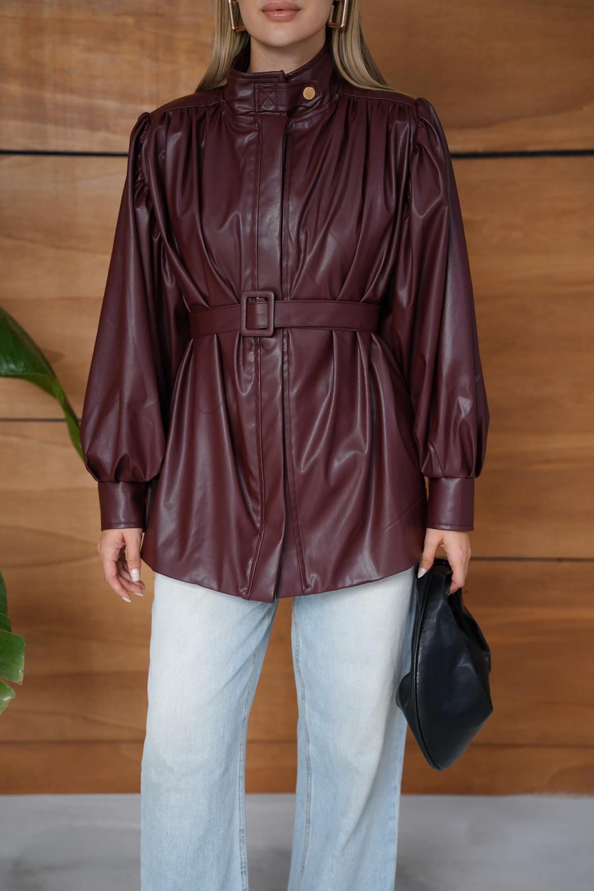 Angora Deri Ceket - Bordo