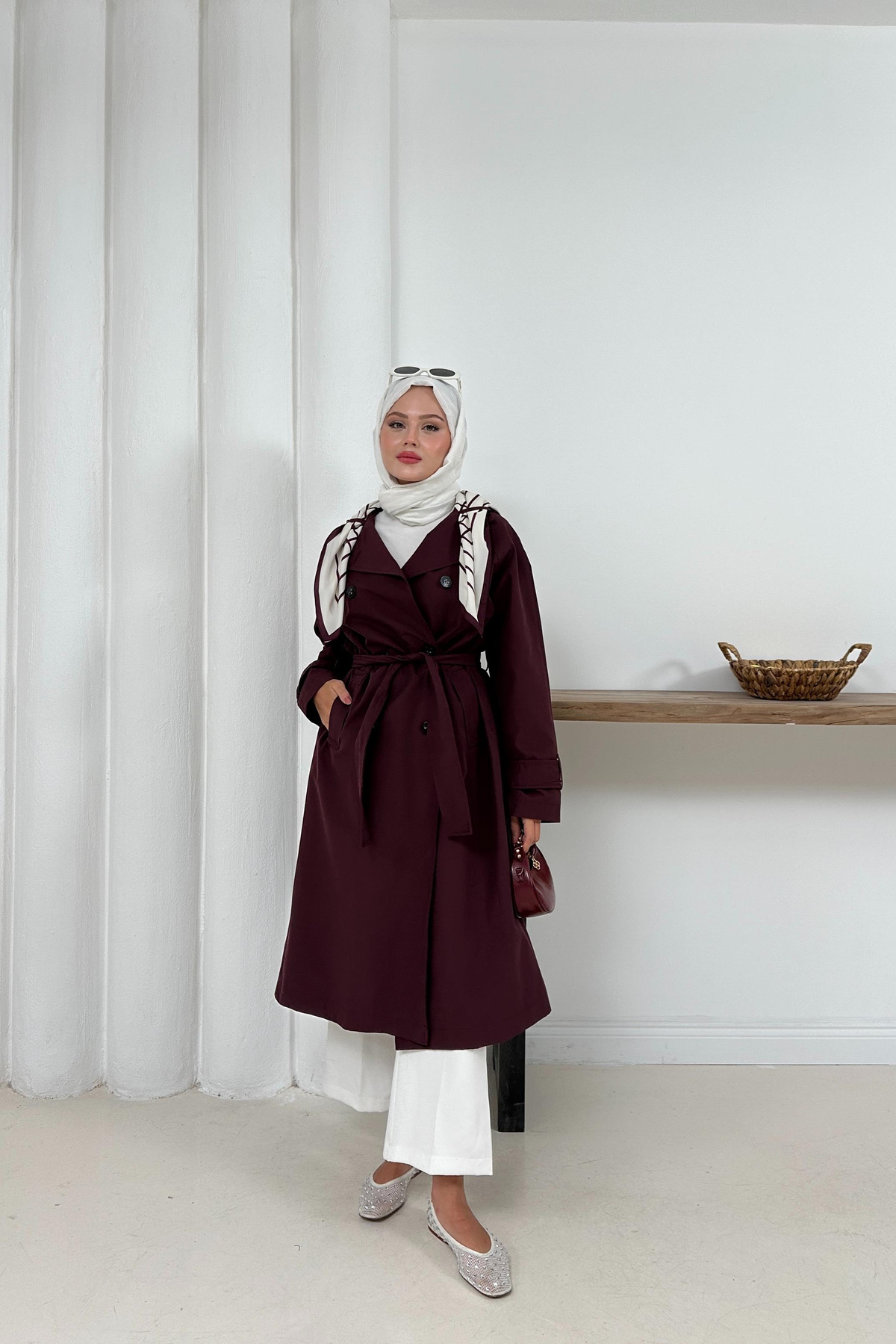 Ameda Fularlı Trench - Bordo