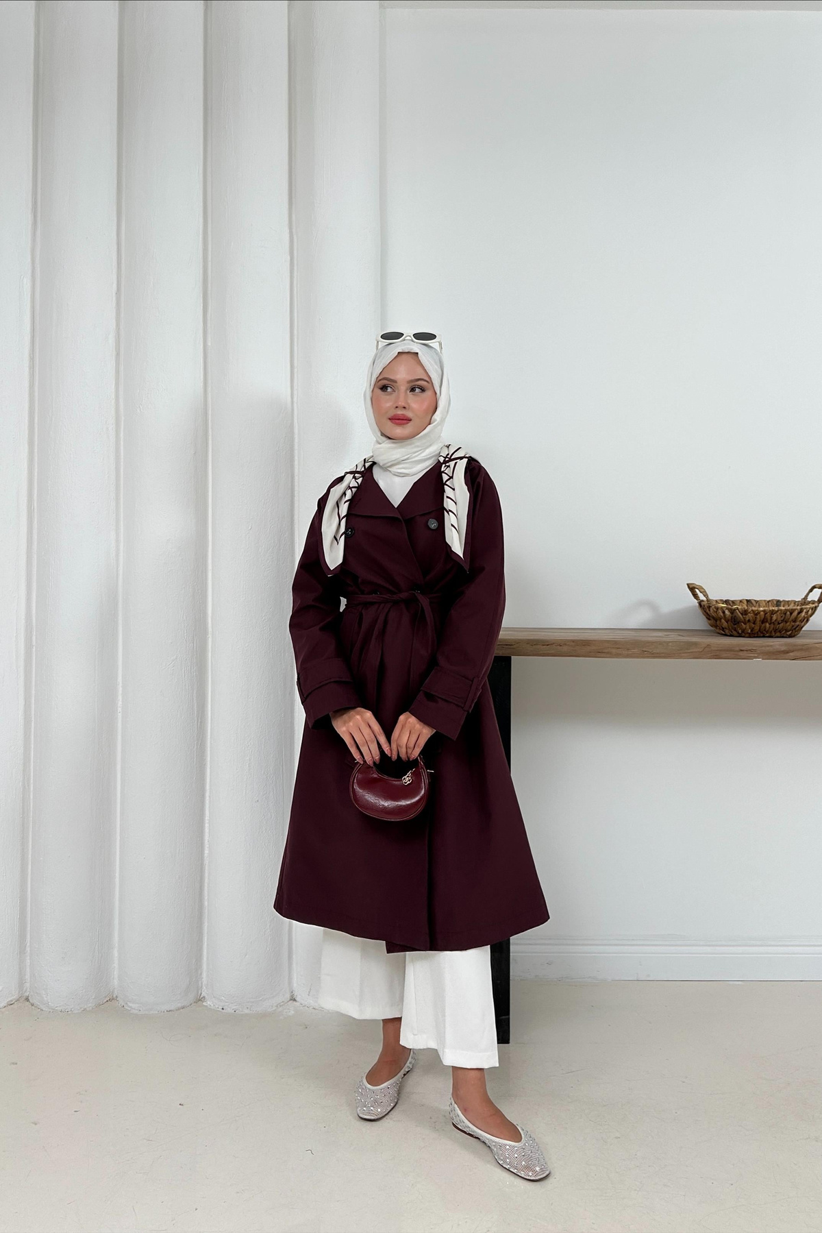 Ameda Fularlı Trench - Bordo