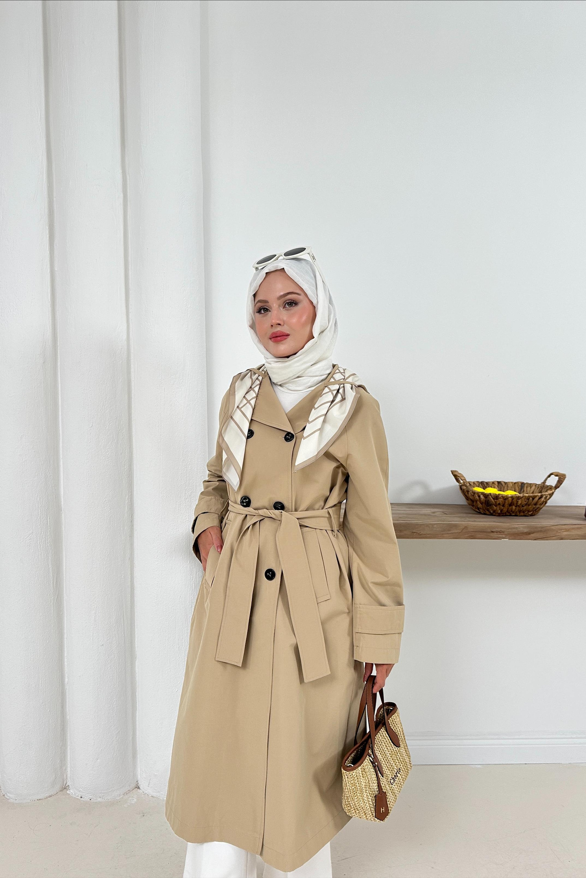 Ameda Fularlı Trench - Sütlü Kahve