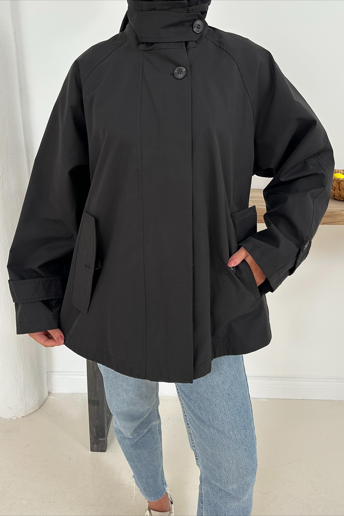 Delera Orta Boy Trench - Siyah