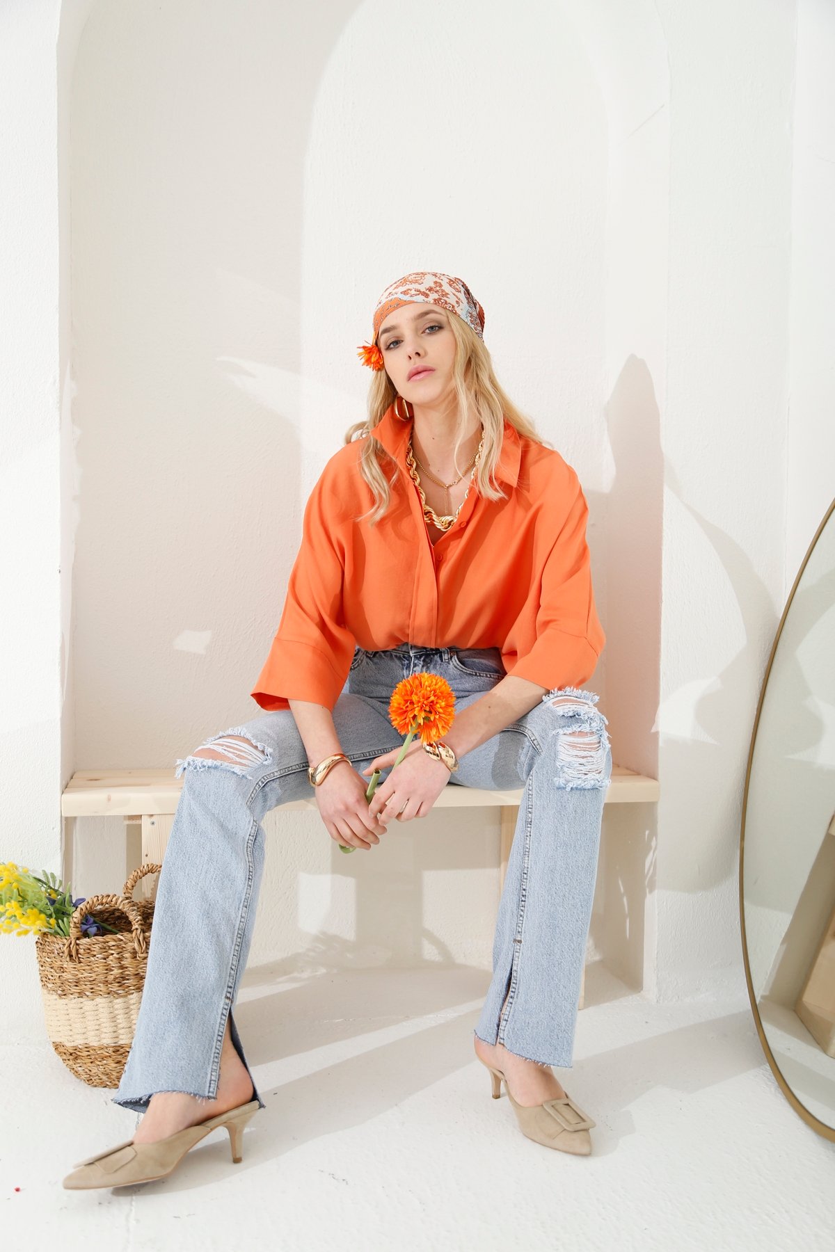 Açık Mavi Yüksek Bel Yırtıklı Slim Flare Jean 