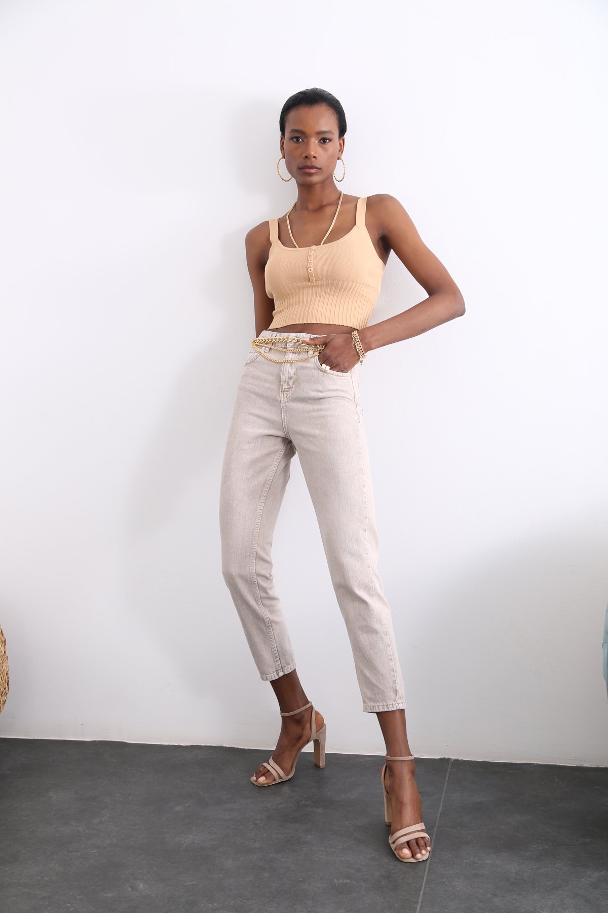 Açık Vizon Yüksek Bel Mom Jean 50281