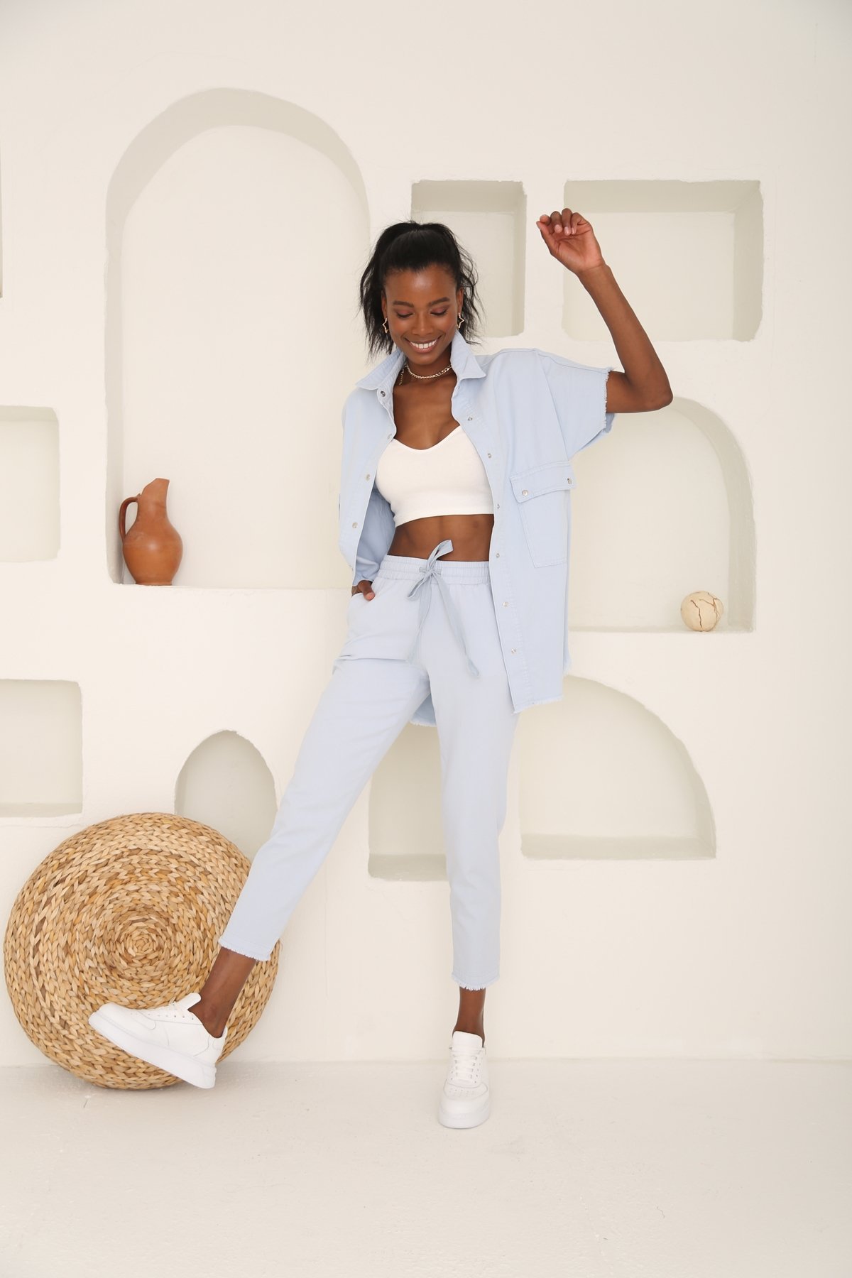 Bebe Mavi Beli Lastikli Gabardin Pantolon 00104