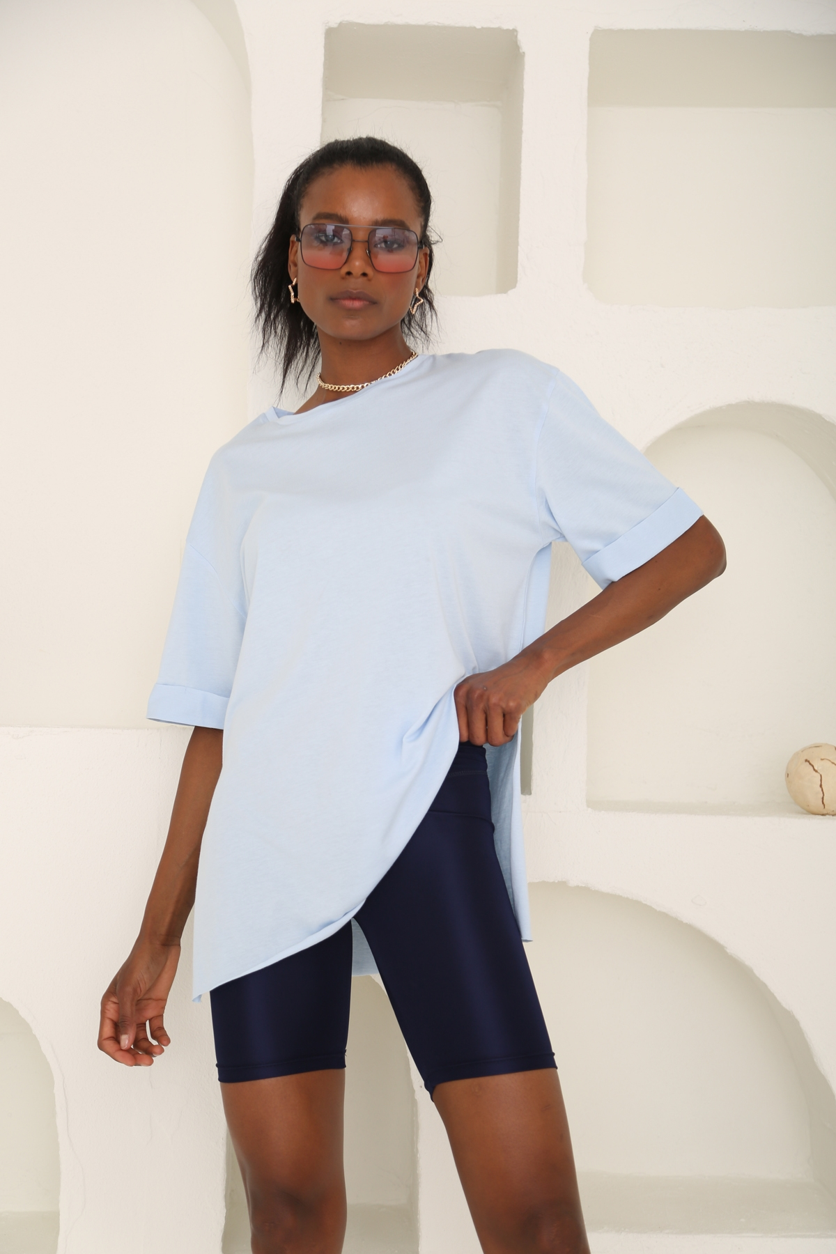 Bebe Mavi Yırtmaçlı Duble Kol Tshirt 3158
