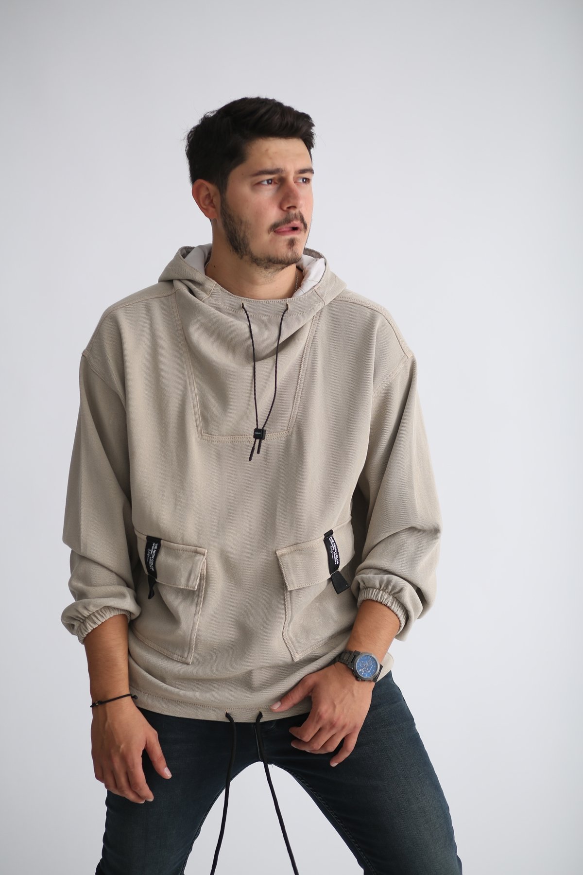 Bej Kapşonlu Jean Sweatshirt 4288