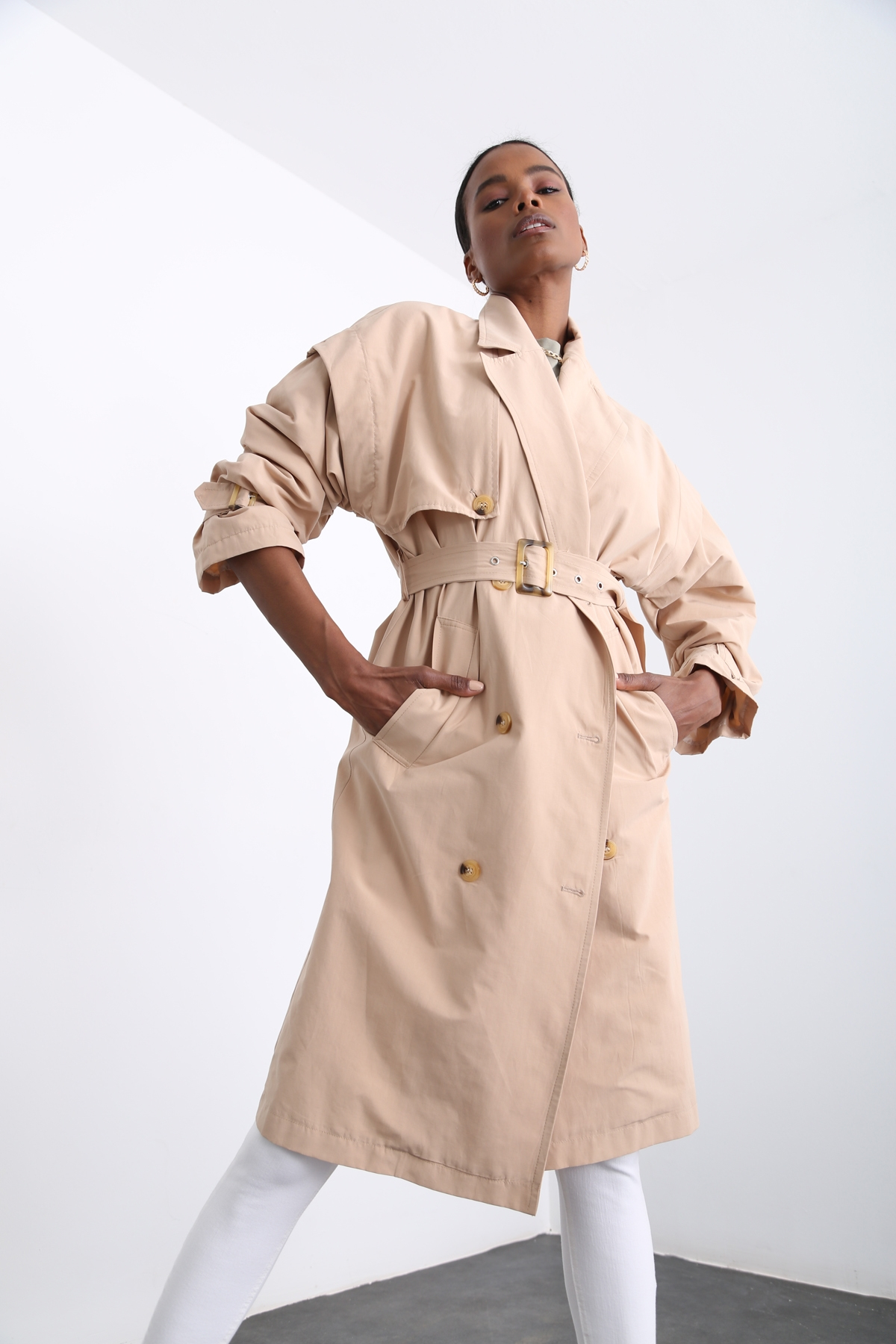 Bej Kendinden Kemerli Trenchcoat 16024