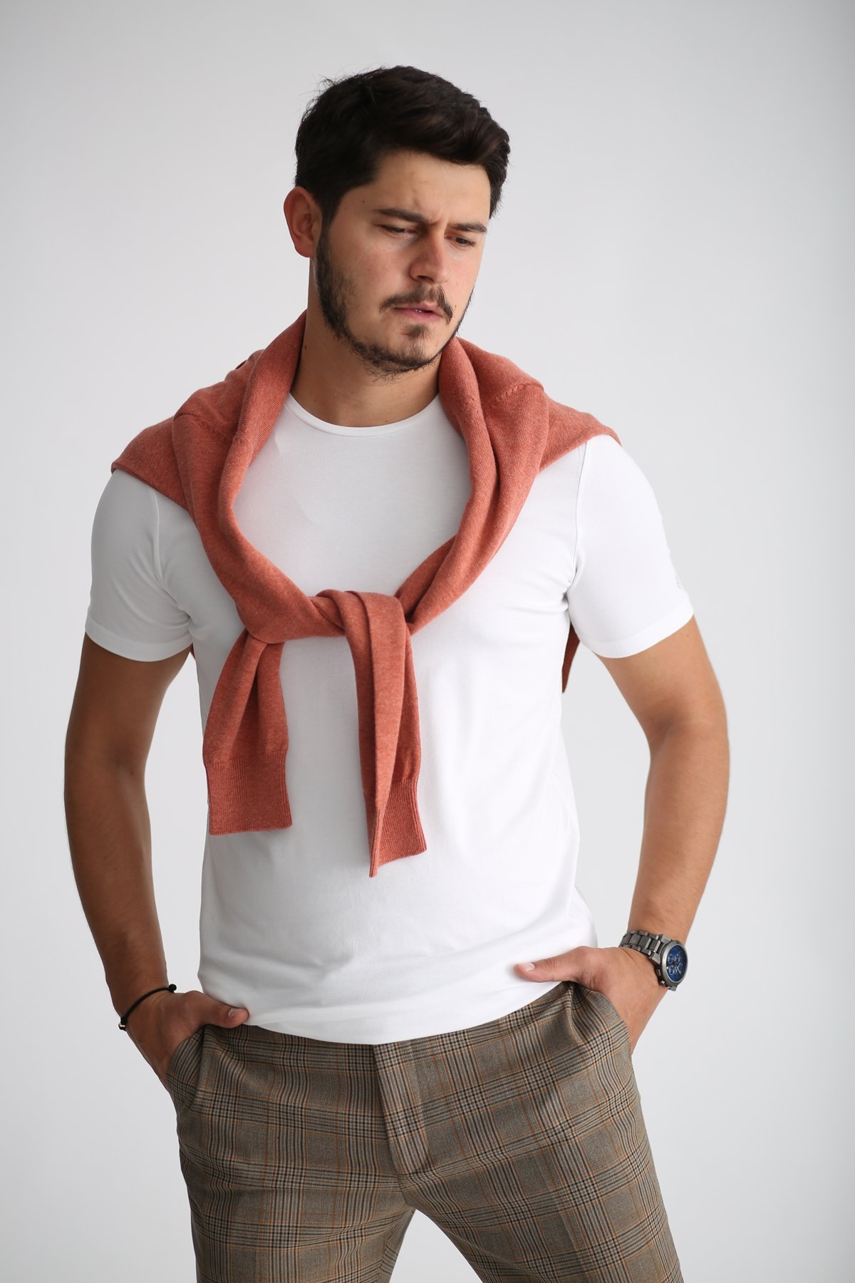 Beyaz Erkek Likralı Basic Tshirt SM-108