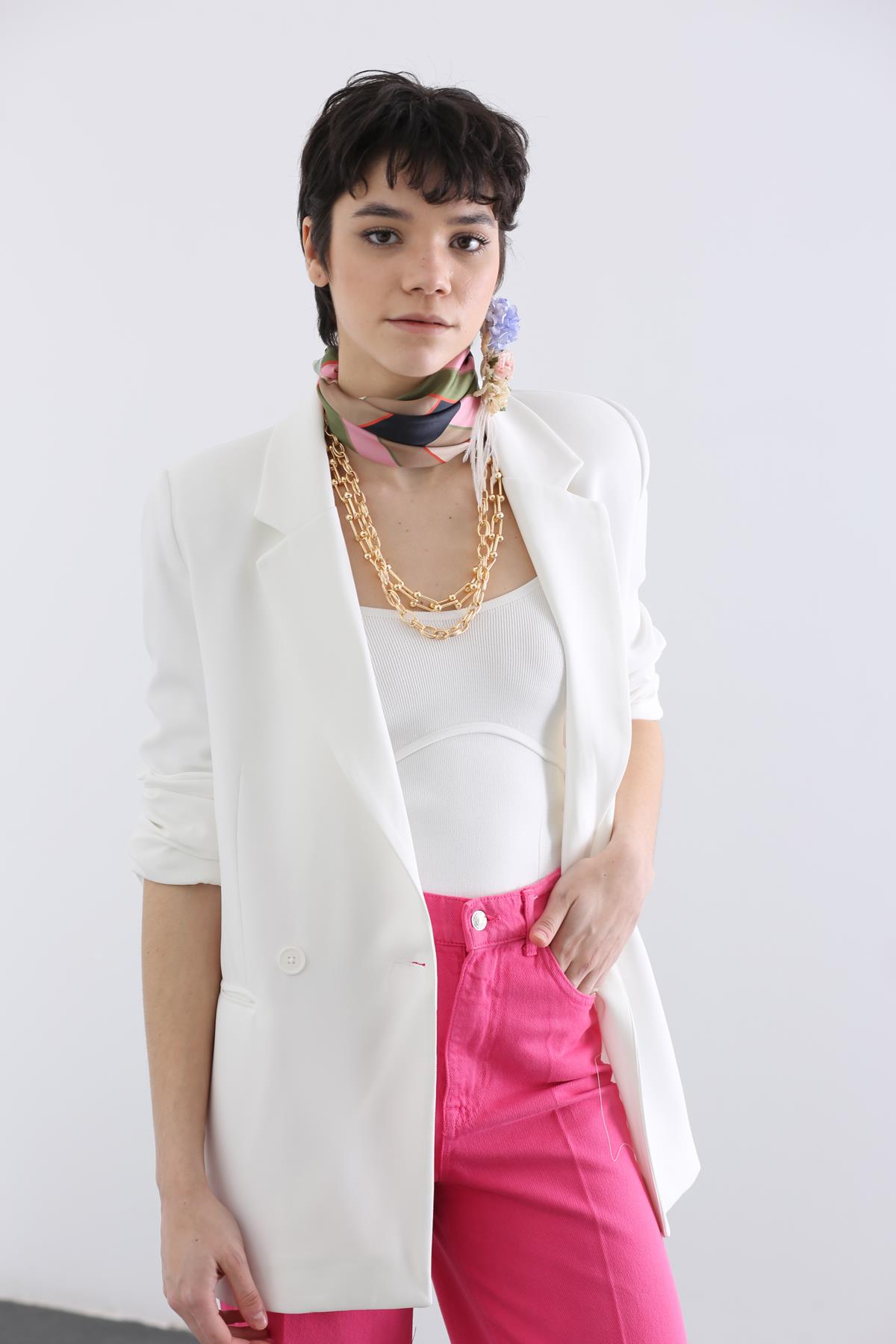 Beyaz Tek Düğmeli Blazer Ceket 