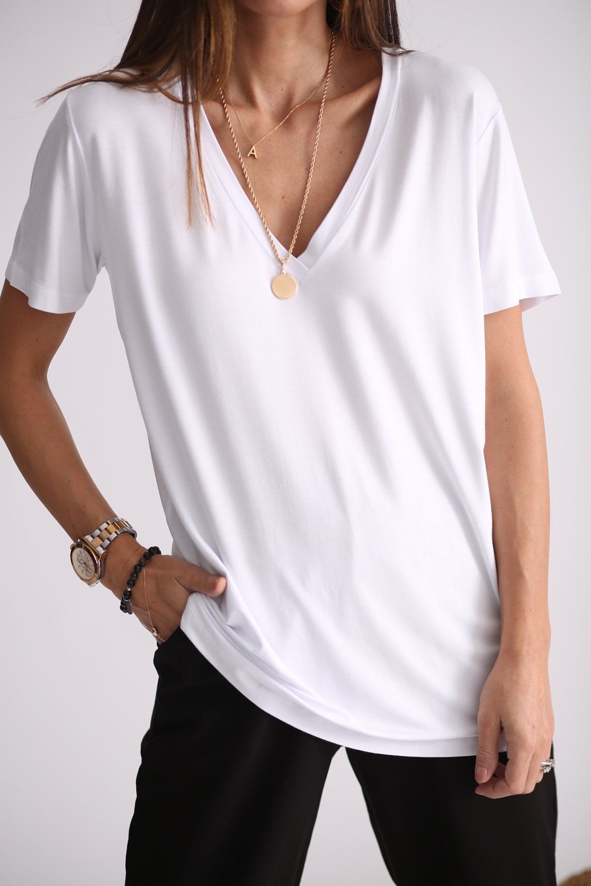 Beyaz V Yaka Tshirt-10002 