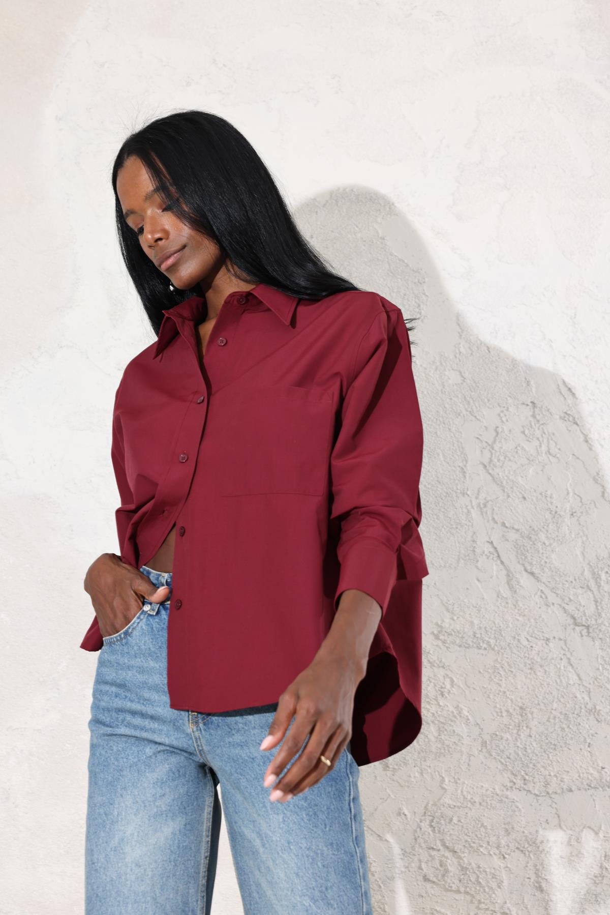 Bordo Oversize Tek Cepli Gömlek 0019