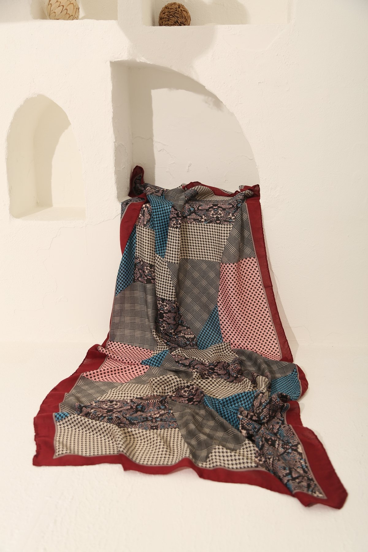 Bordo Pamuk Patch Desenli Şal 13066