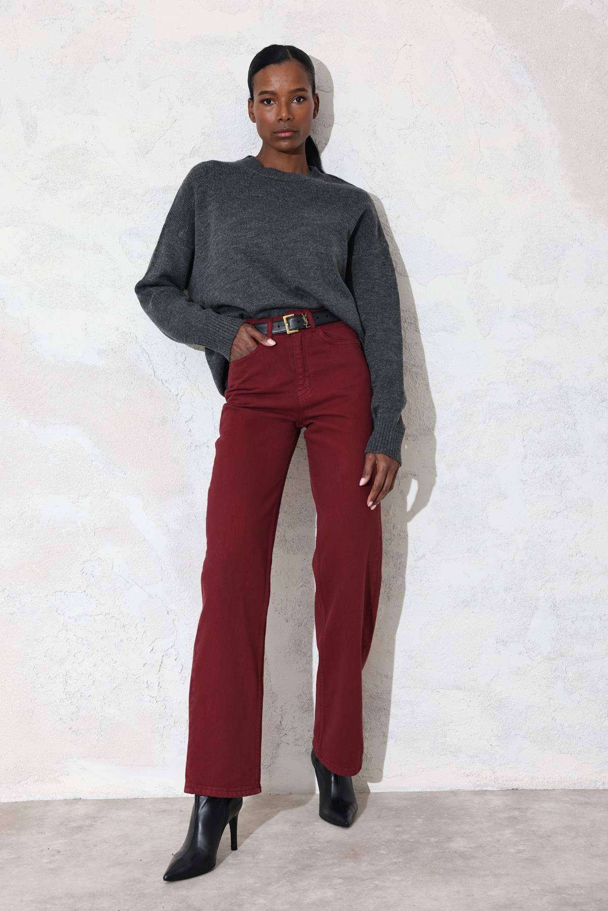 Bordo Yüksek Bel Straight Jean 