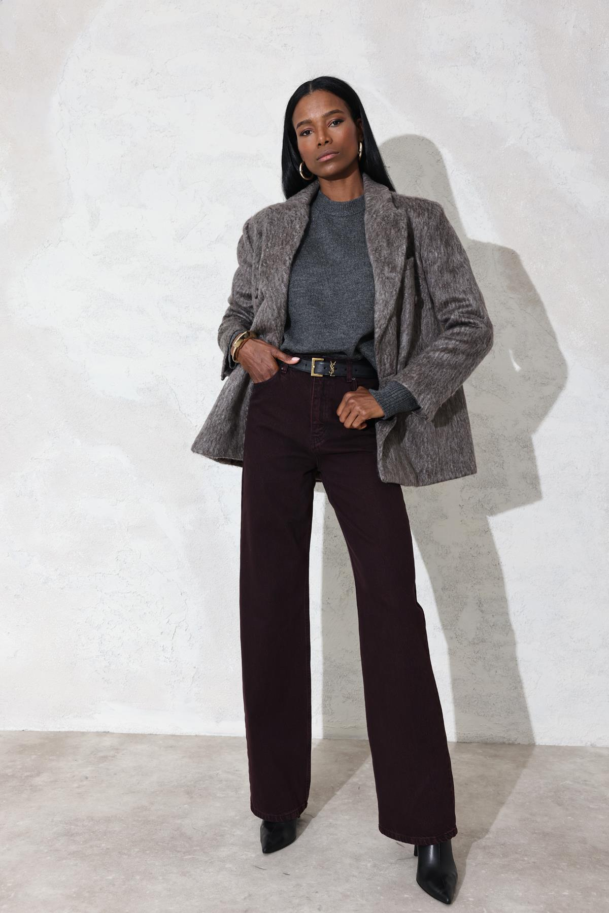 Bordo Yüksek Bel Wide Leg Jean 7714
