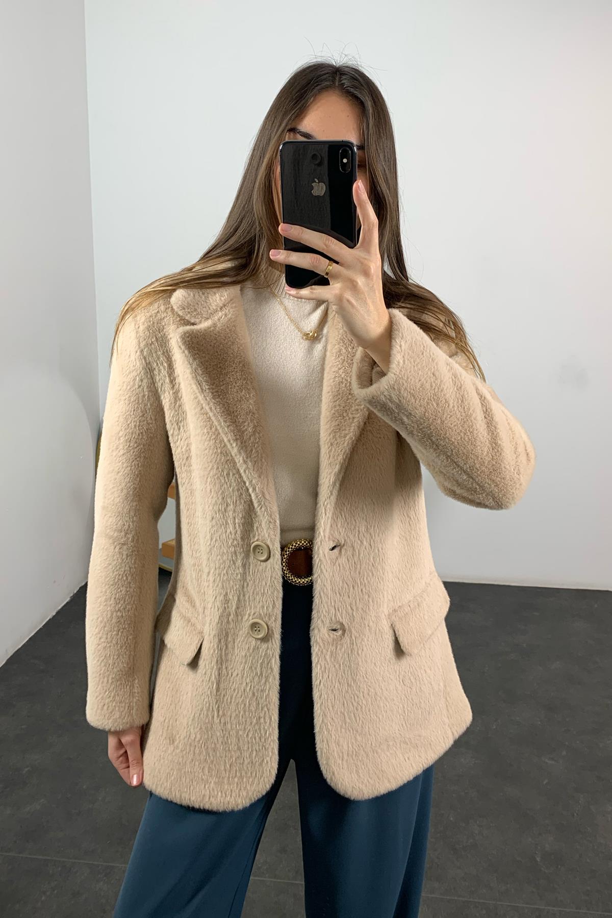 Camel Çift Düğmeli Alpaka Ceket 54480