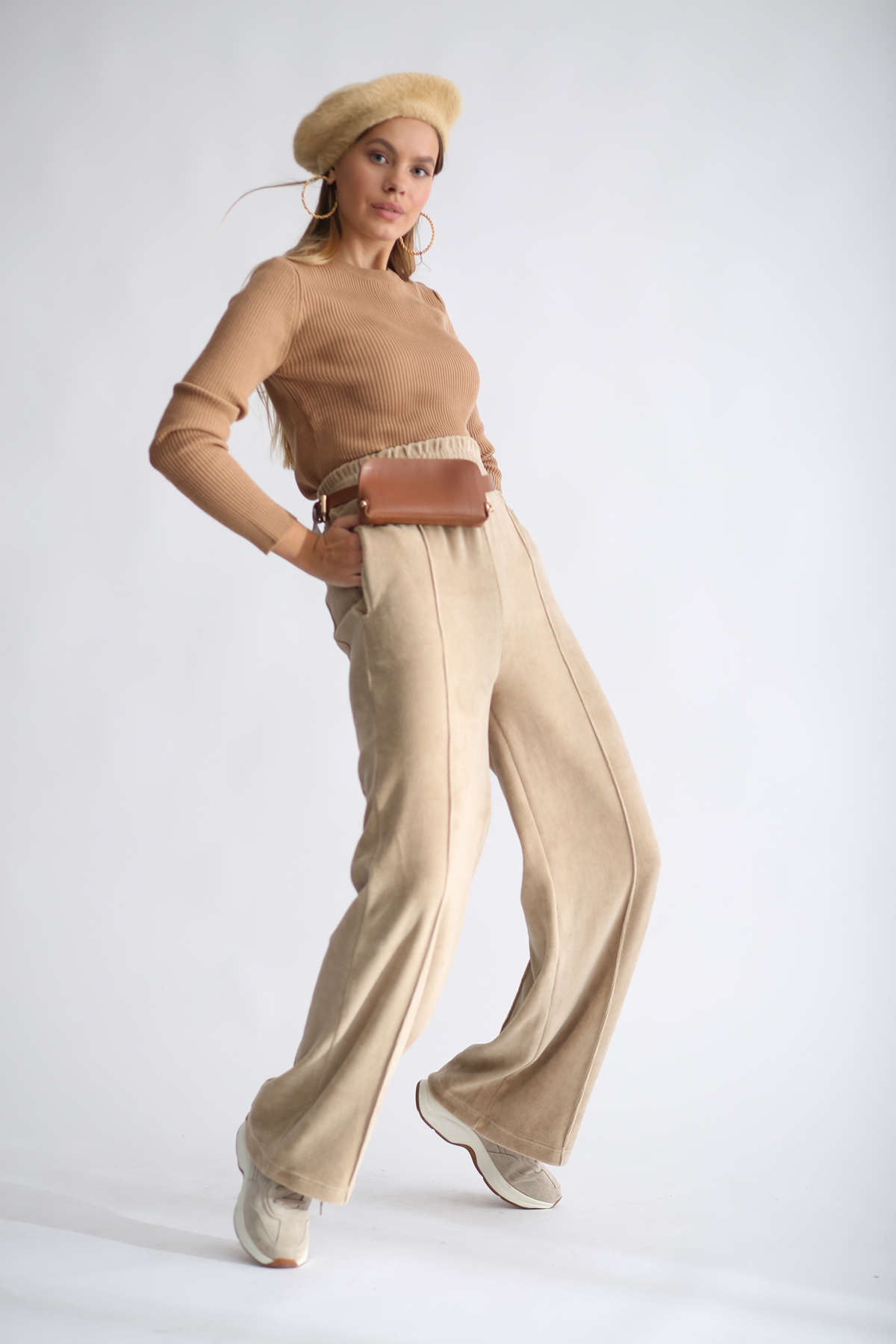 Camel Havlu Kadife Geniş Paça Pantolon 33078