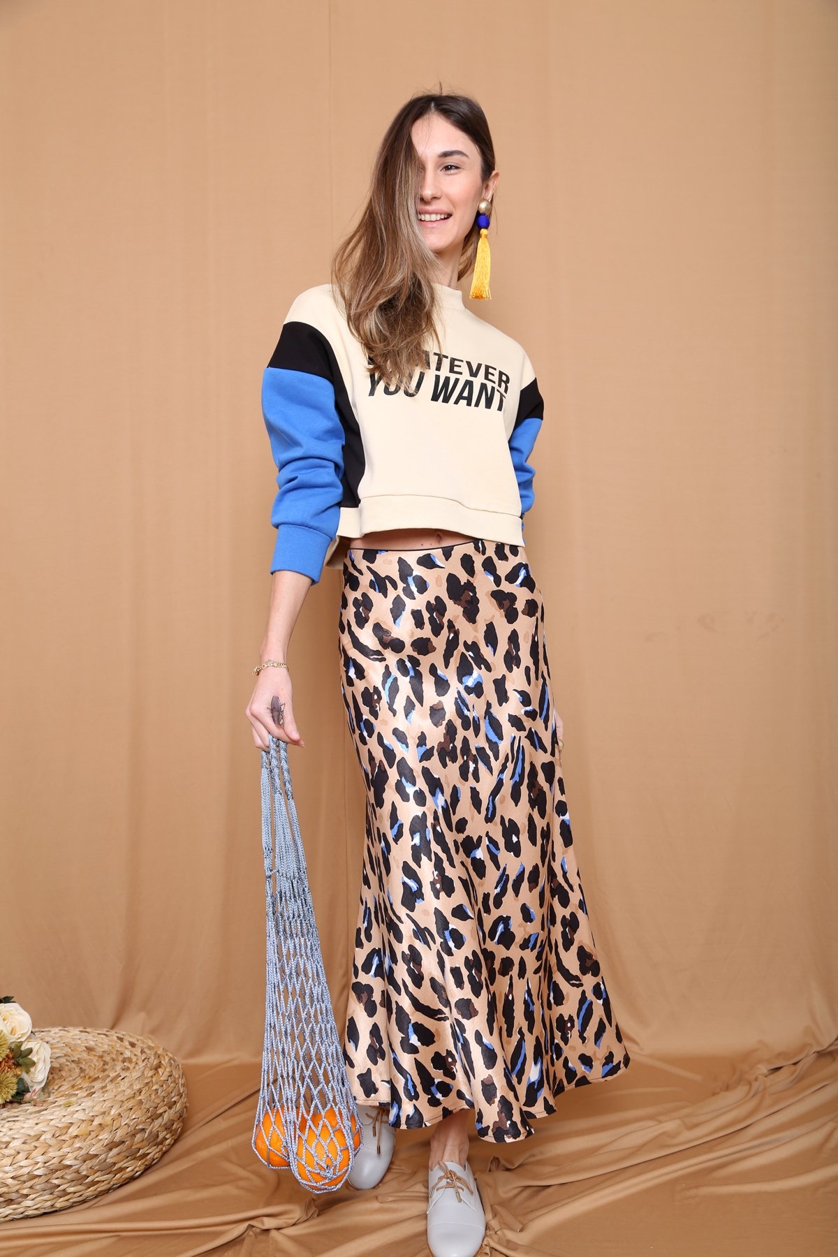 Camel Leopar Desen Volanlı Saten Etek