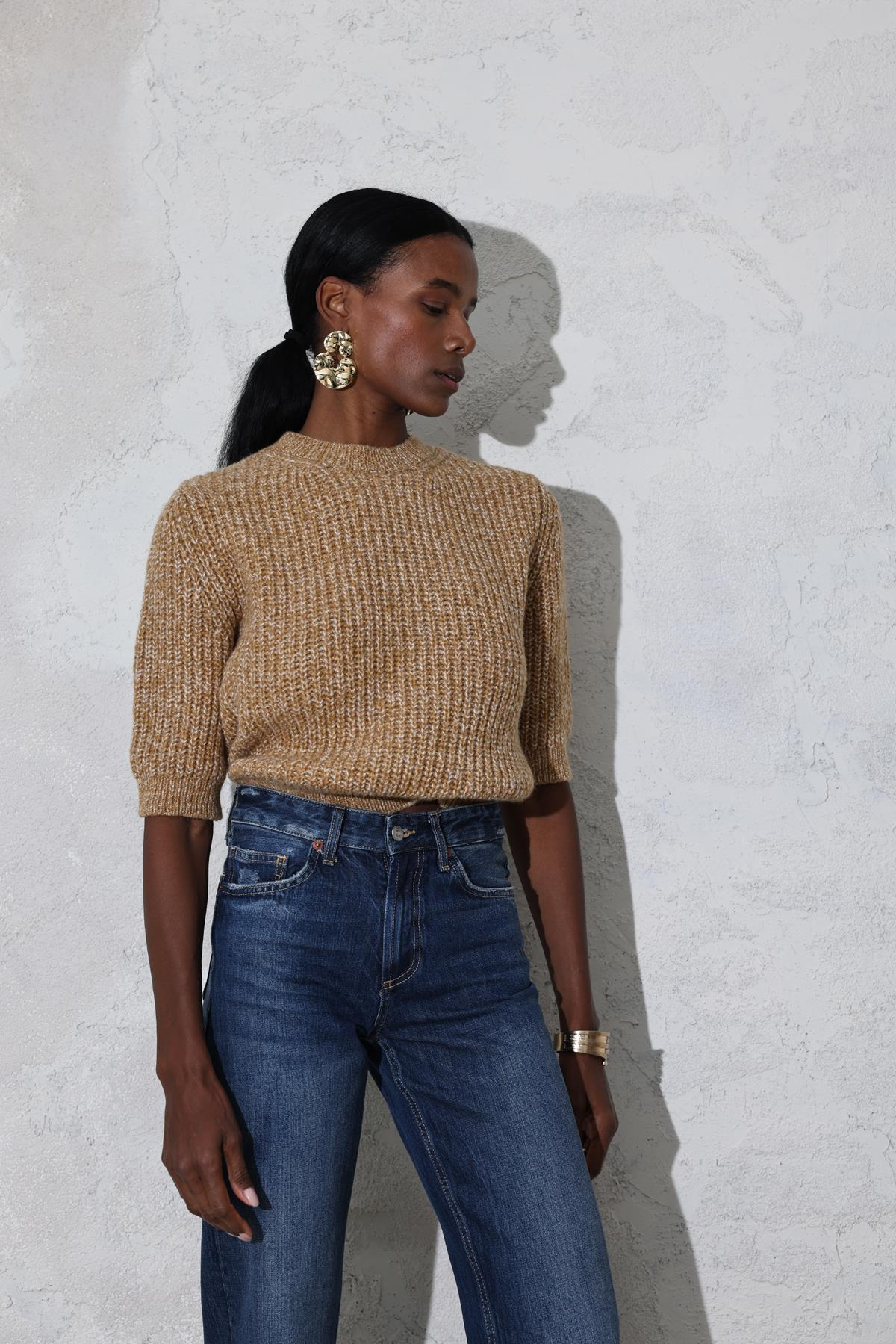 Camel Selanik Örgü Fakir Kol Kazak 