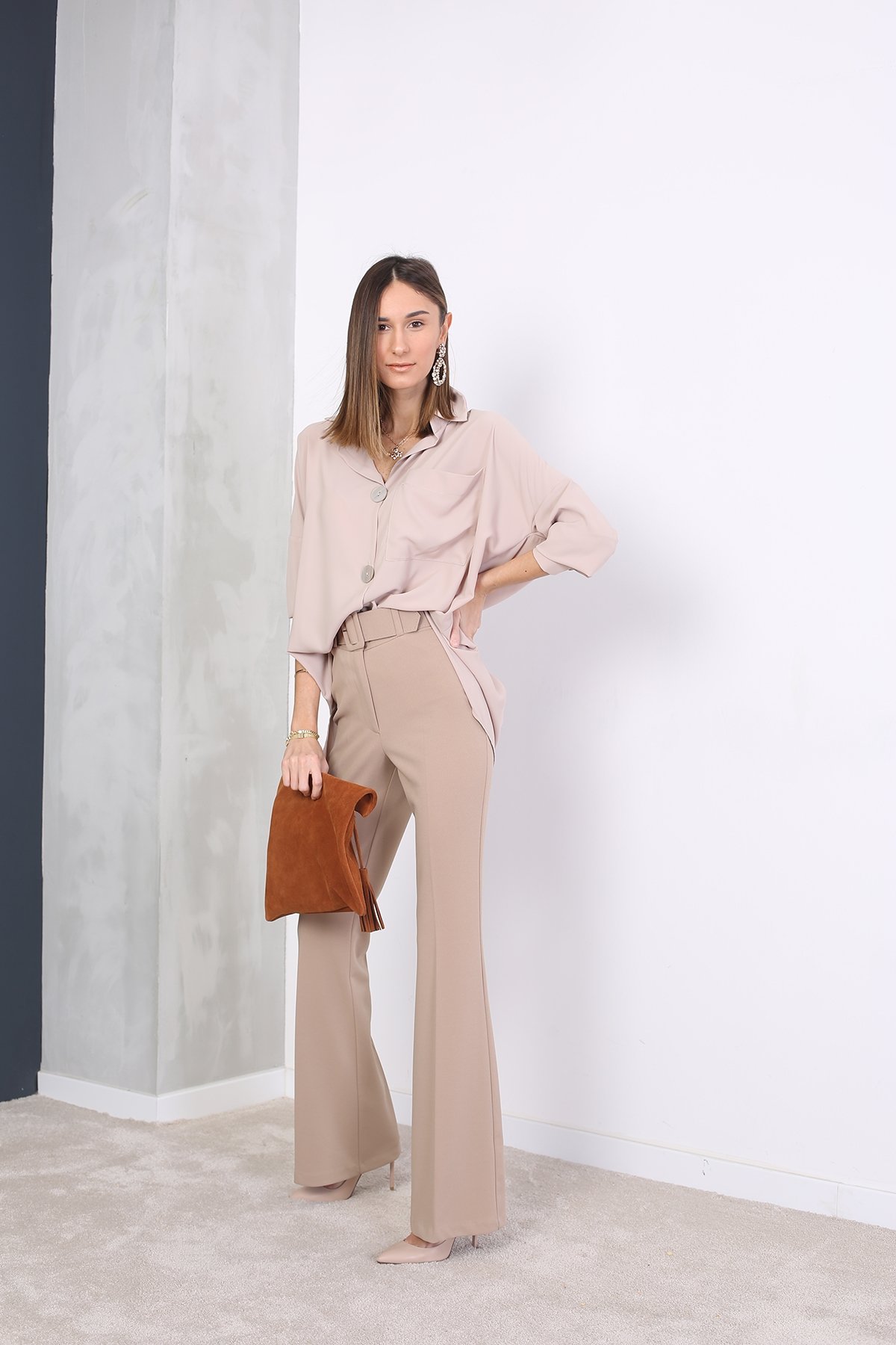 Deve Tüyü Sedef Düğmeli Oversize Gömlek 4236