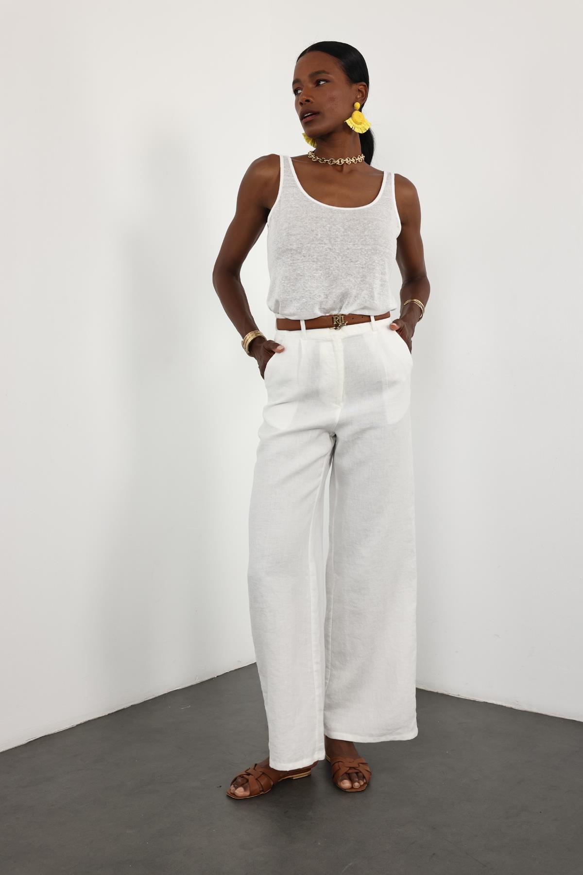 Ekru %100 Keten Palazzo Pantolon 