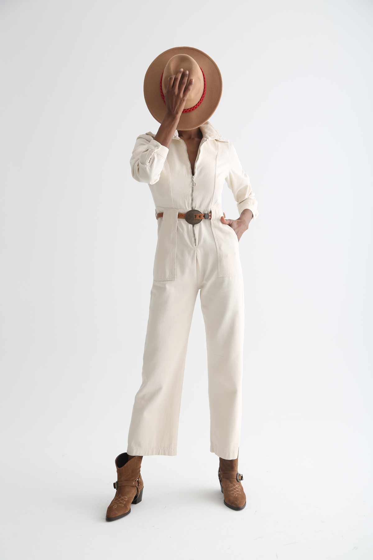 Ekru Önü Fermuarlı Kot Tulum 6068