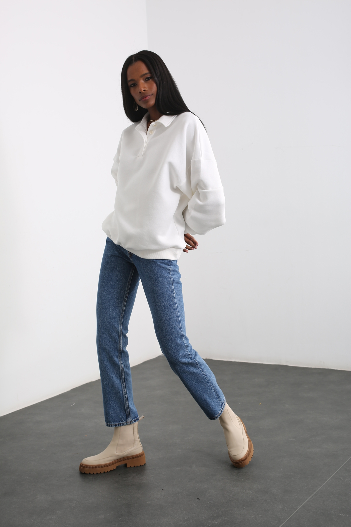 Ekru Polo Yaka Sweatshirt 