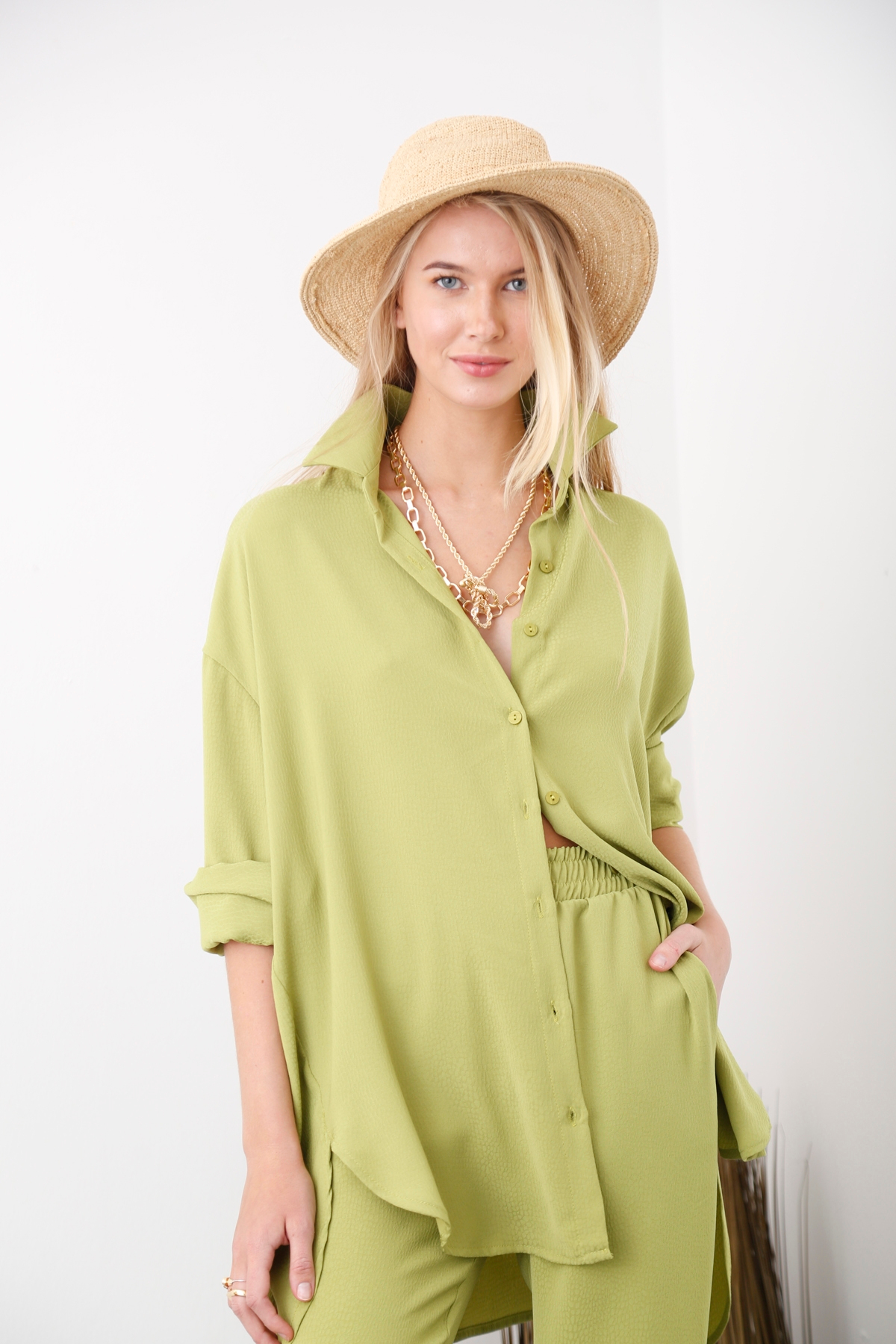 Fıstık Yeşili Oversize Gömlek Takım 03480