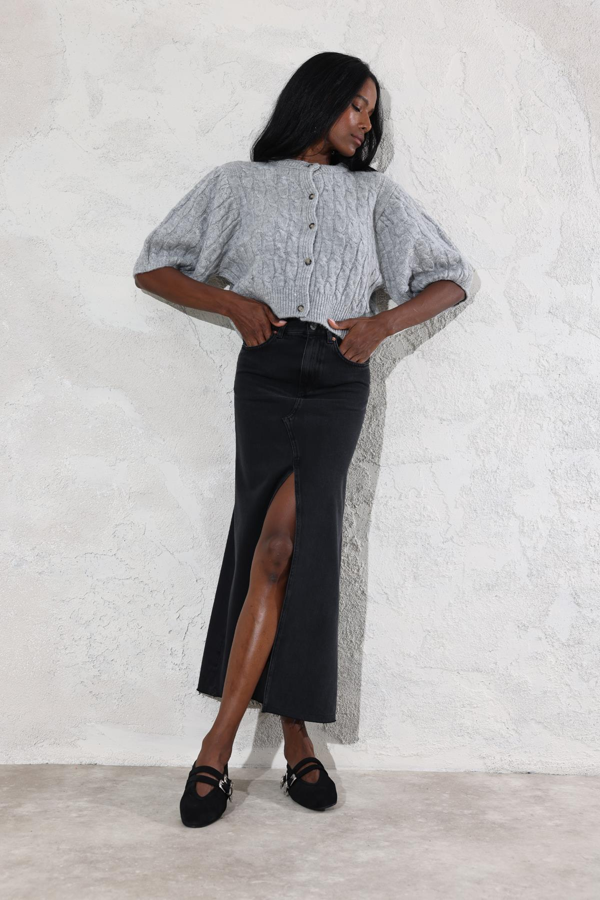 Füme Önü Yırtmaçlı Denim Etek 
