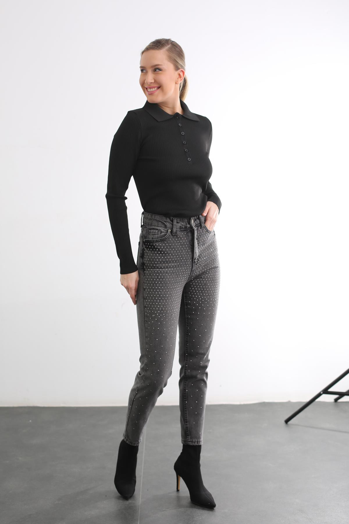 Füme Ultra Yüksek Bel Taşlı Jean 1084-ZR