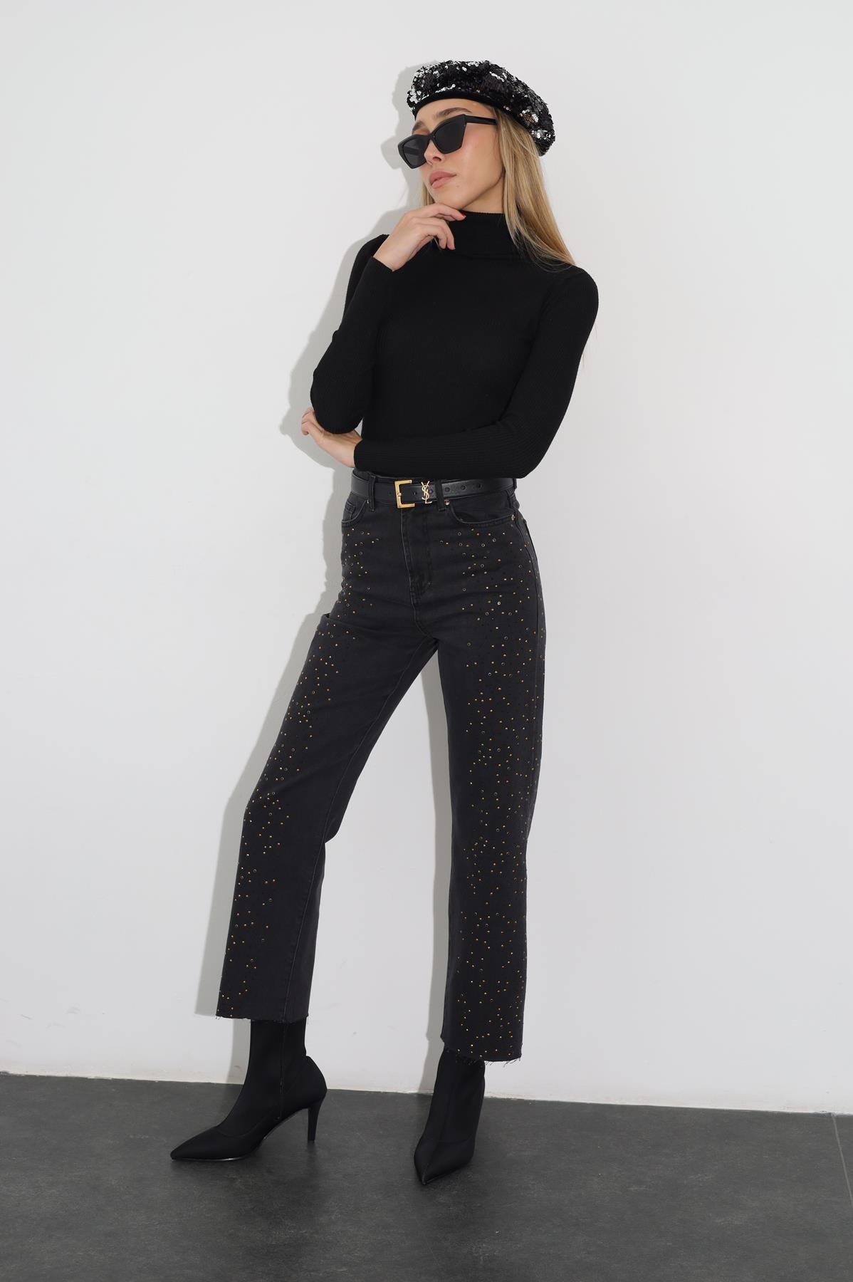 Füme Yüksek Bel Taşlı Jean 00803